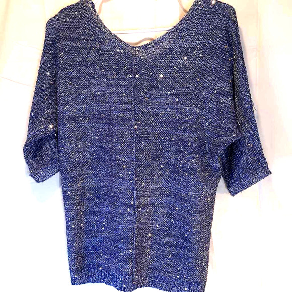 H By Halston Women's Blouse Blue Silver Marled Short Sleeve V Neck Sequined M - Picture 3 of 7